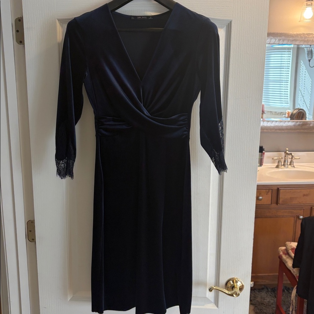 Zara Navy Blue Midi Dress with Lace Sleeves